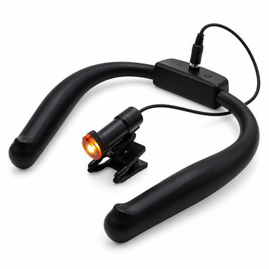 Lámpara frontal LED de cuello con collar negro, foco LED y clip
