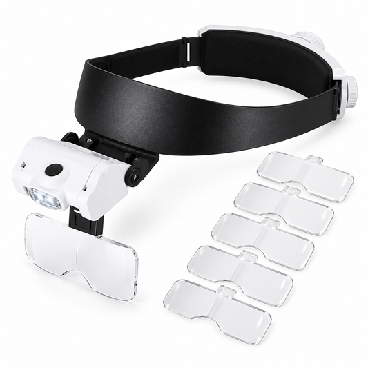 Lupa S5 recarregável com cinco lentes intercambiáveis em fundo branco